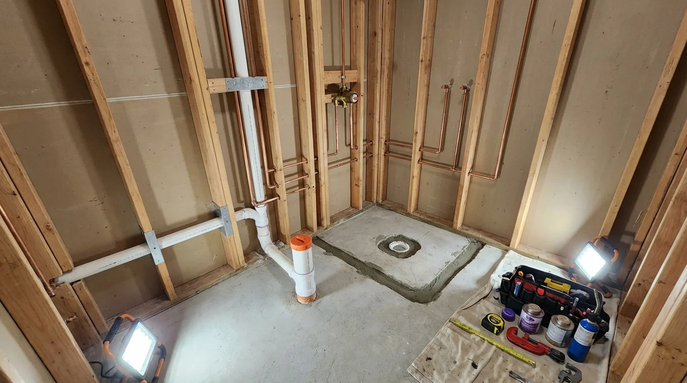 Bathroom rough-in plumbing during remodel by Johns Plumbing LLC in Maplewood