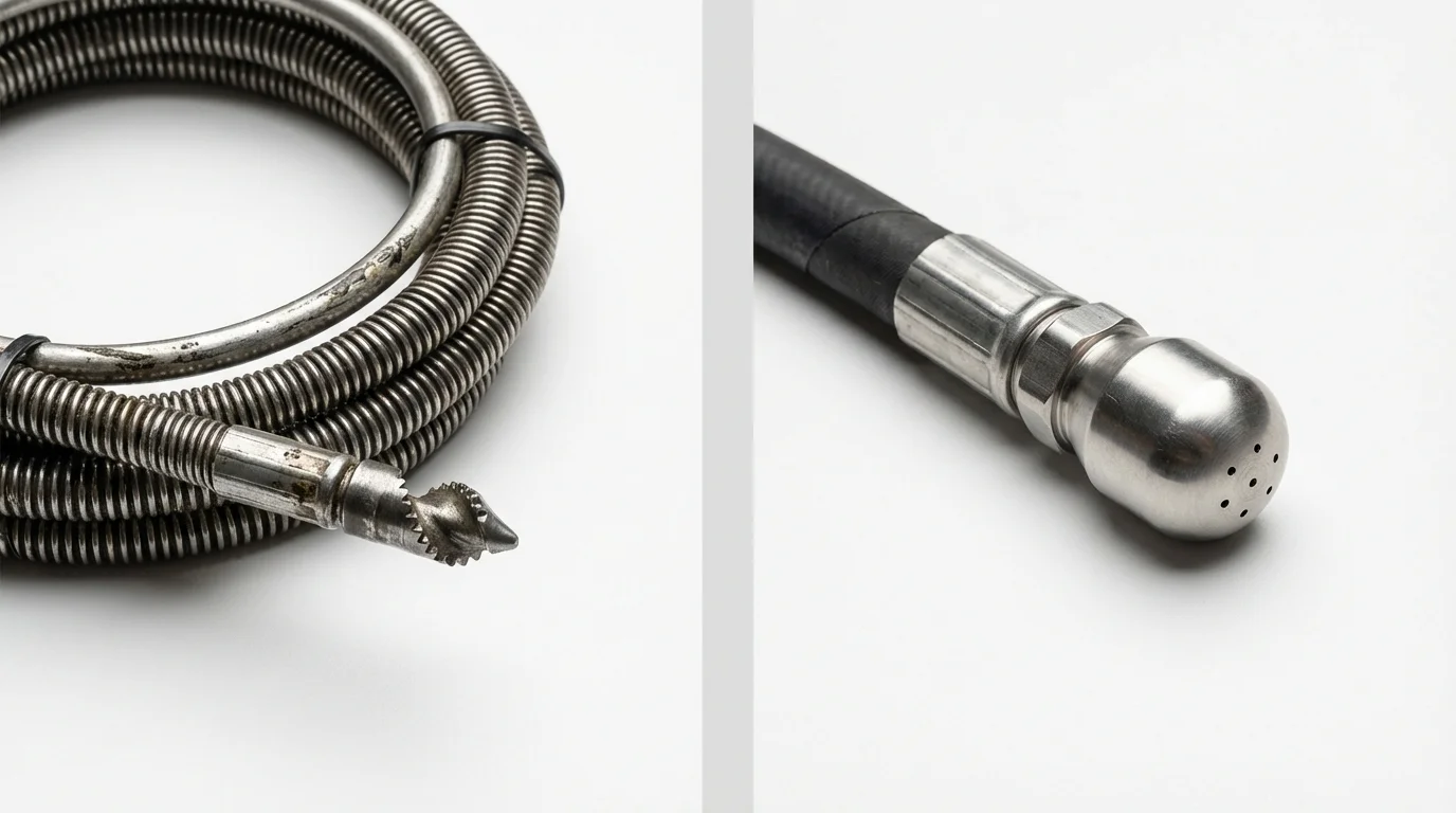 Drain snake cable and hydro jetting nozzle used for drain cleaning in Maplewood, NJ