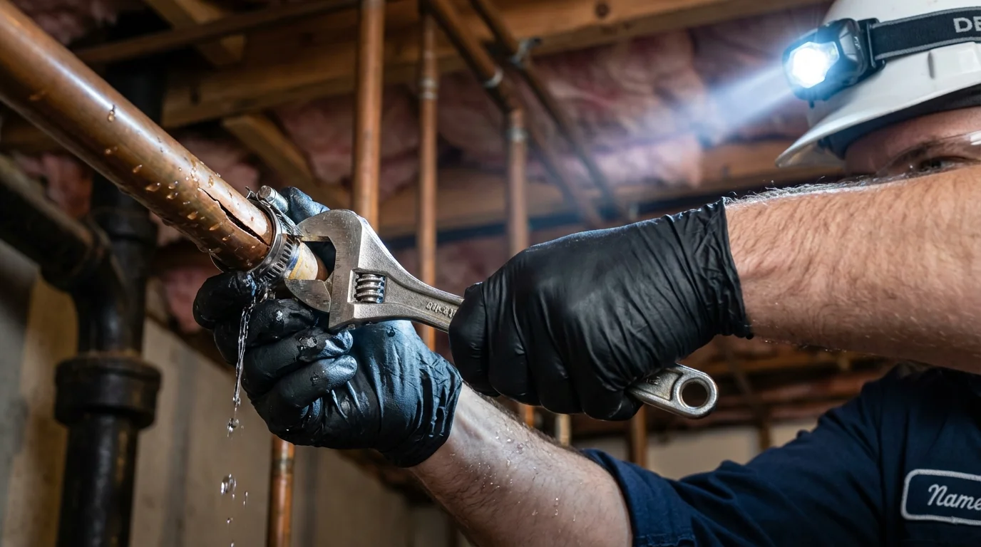 Emergency pipe clamp repair being performed by a Johns Plumbing LLC plumber in Maplewood