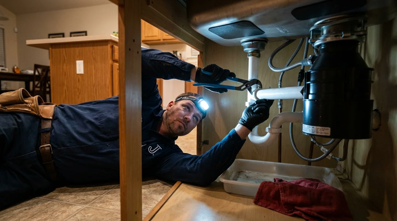 P-trap and supply line connections under a kitchen sink showing a common leak point in Maplewood, NJ